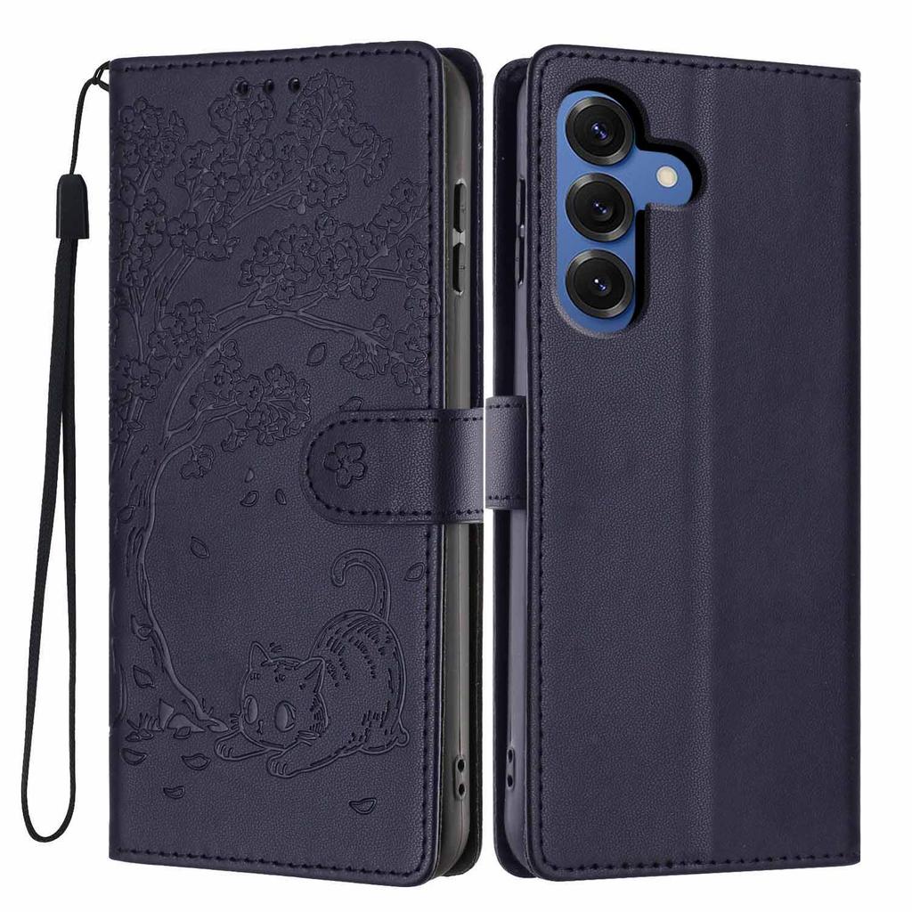 For Samsung Galaxy A37 5G Stand Case Tree-and-Cat Pattern PU Leather Wallet Protective Phone Cover with Wrist Strap