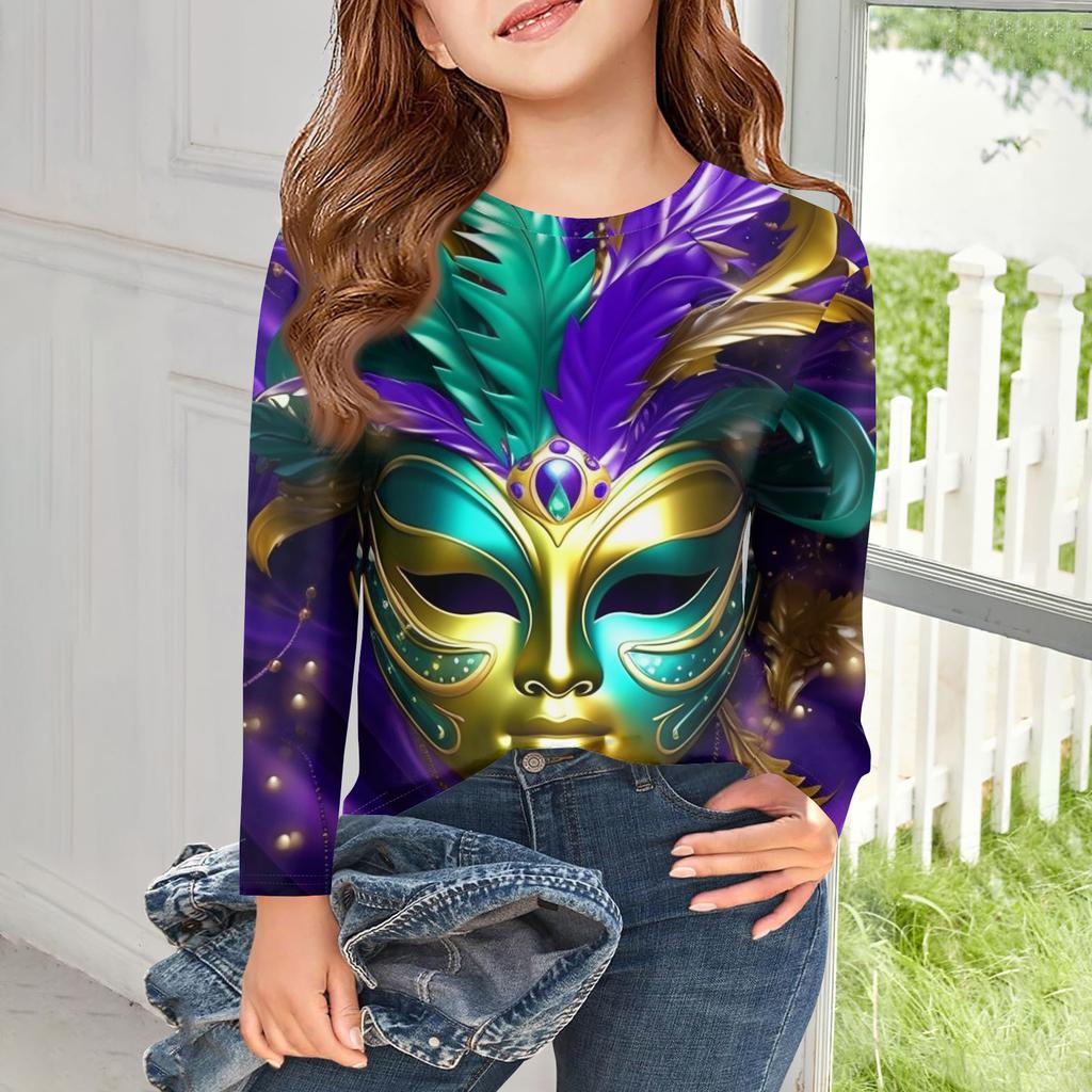 Dziewczęce koszulki z długim rękawem Dziecięce jesienne topy Okrągły dekolt Drukowane Podstawowe T-shirty