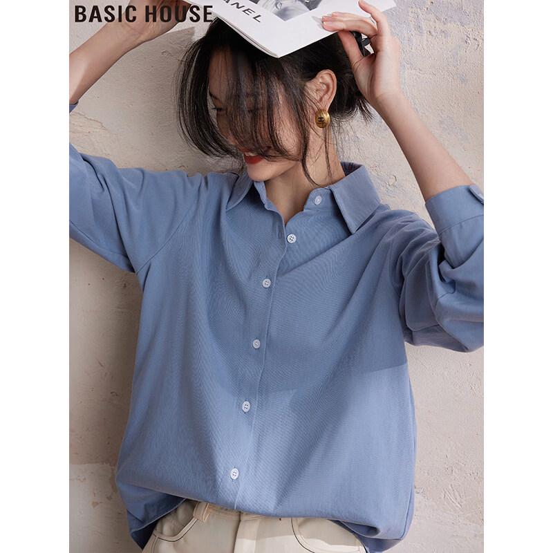 Basic House Women s Sky Blue Cotton Long-Sleeve Shirt L