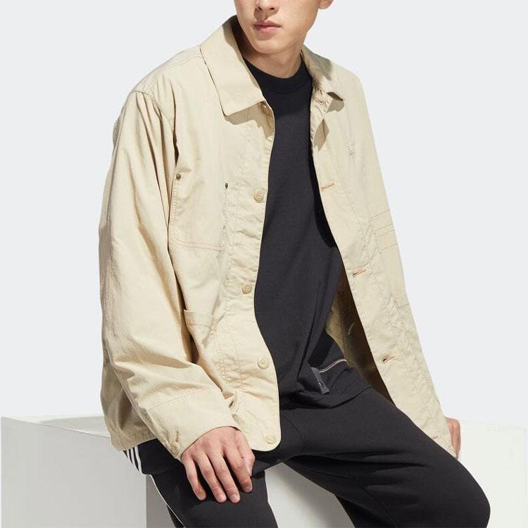 Adidas Originals Pure Color Single-Breasted Contrast Stitching Work Jacket Men Jackets Khaki HM8015