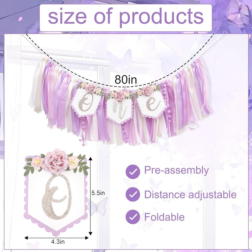 Baby Girl 1st birthday highchair banner -Purple Floral Garland, Purple And Pink First Birthday Decoration, Rose 1st Bday Banner, floral birthday