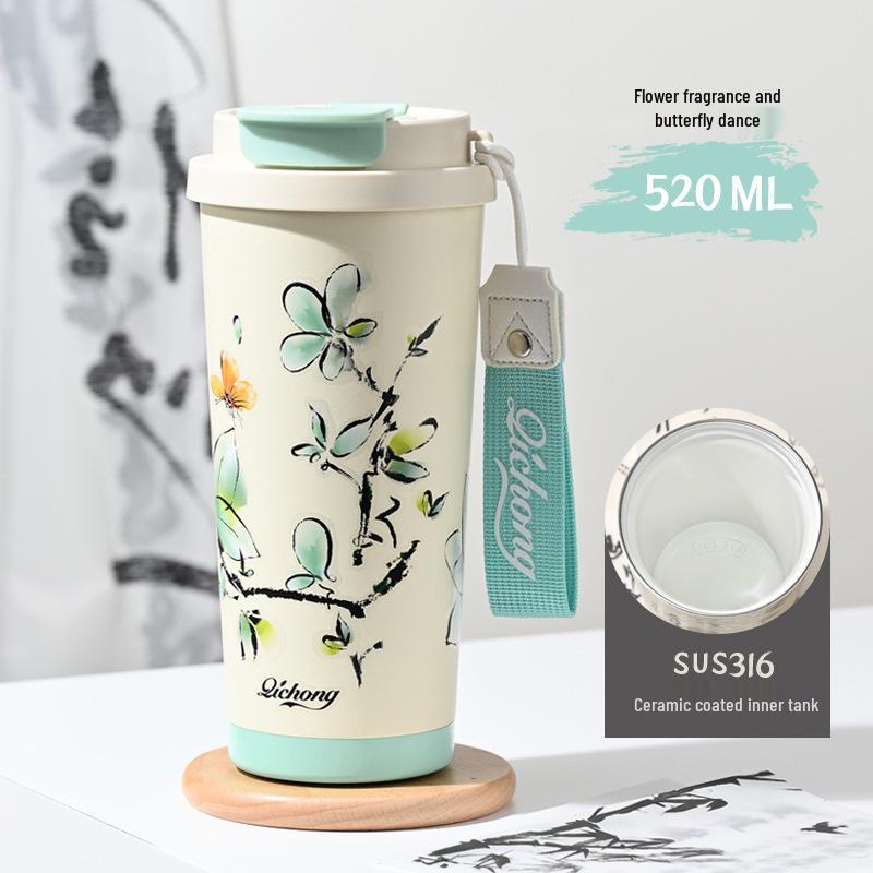 Guochao Double-Walled Coffee Cup with 316 Stainless Steel Liner, Ceramic Thermos, Portable Business Gift.