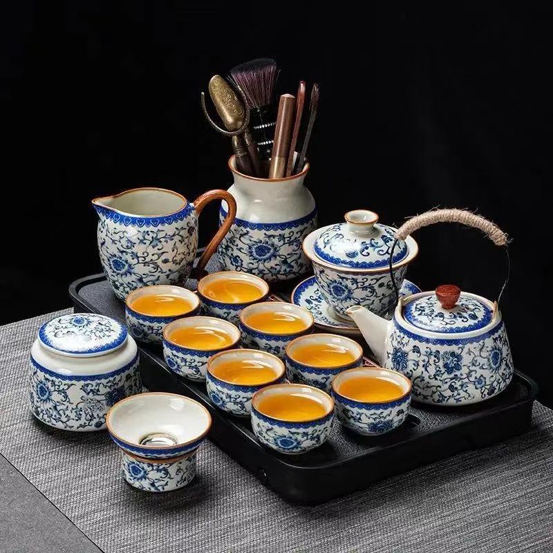 Minimalist Ceramic Tea Set with Underglaze Lotus Teapot