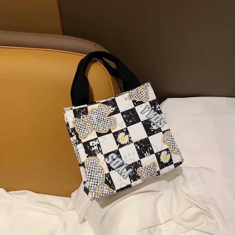 Geantă de designer din nailon pentru femei, cutie de prânz pentru studenți, geantă de damă cu ursuleț de desene animate, cu partea superioară deschisă, geantă cu mâner superior