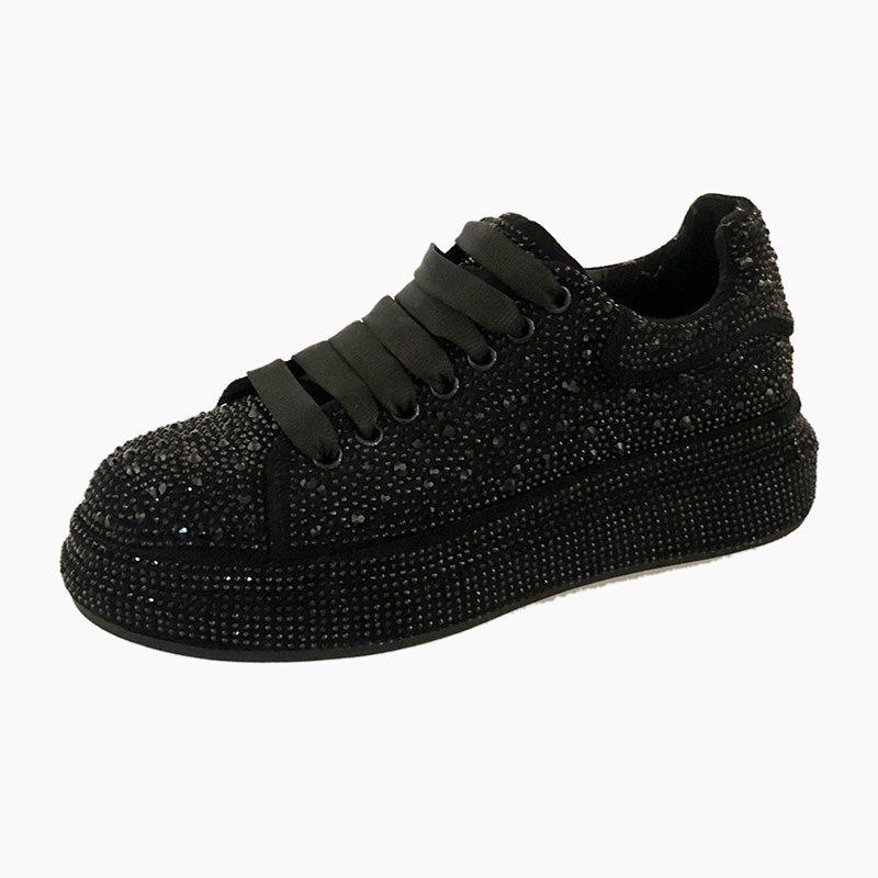 Small black shoes women's winter casual flat shoes women's rhinestone full diamond student board shoes women