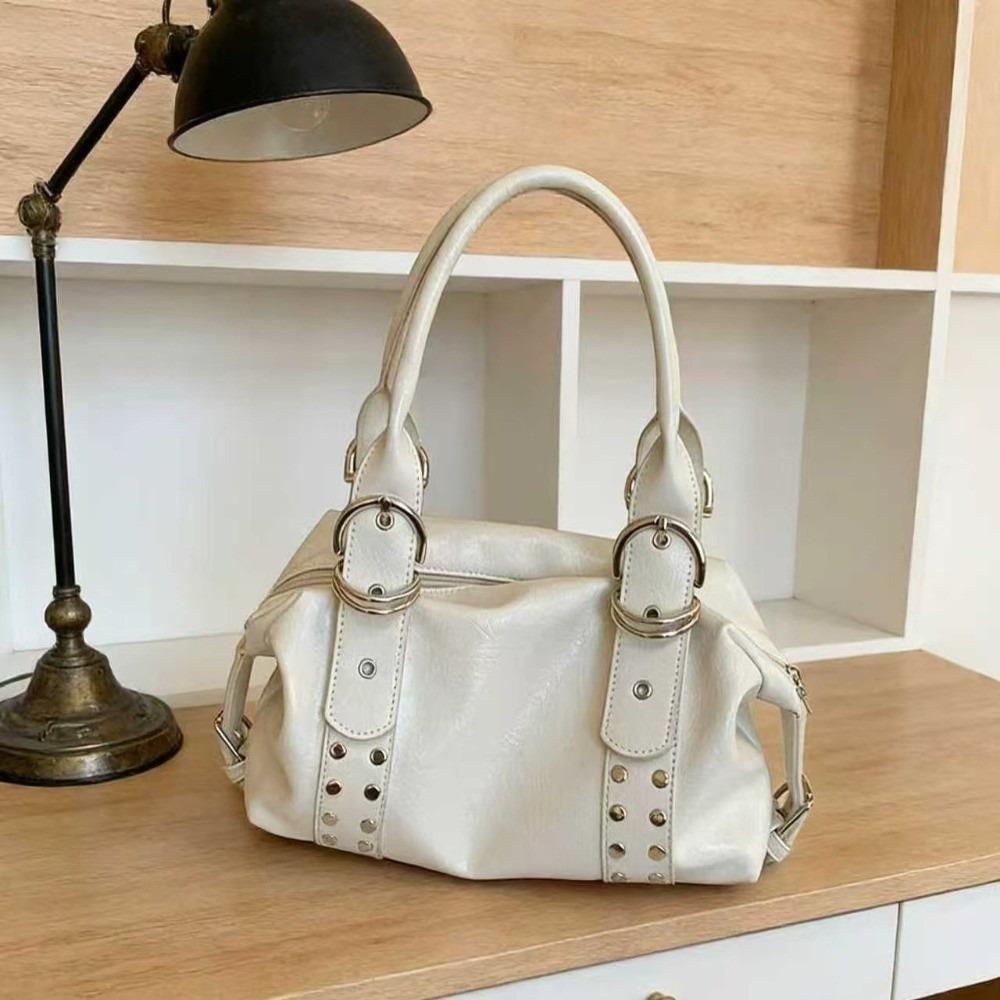 

New PU Leather Women Shoulder Bag Large Capacity Y2K Motorcycle Bag High Quality Fashion Rivet Handbag Daily Use белый