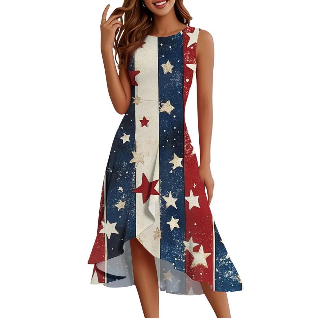 Women's Fashion Casual Zipper Sleeveless Round Neck Independence Day Elegant Temperament Ruffle Dresses Dresses