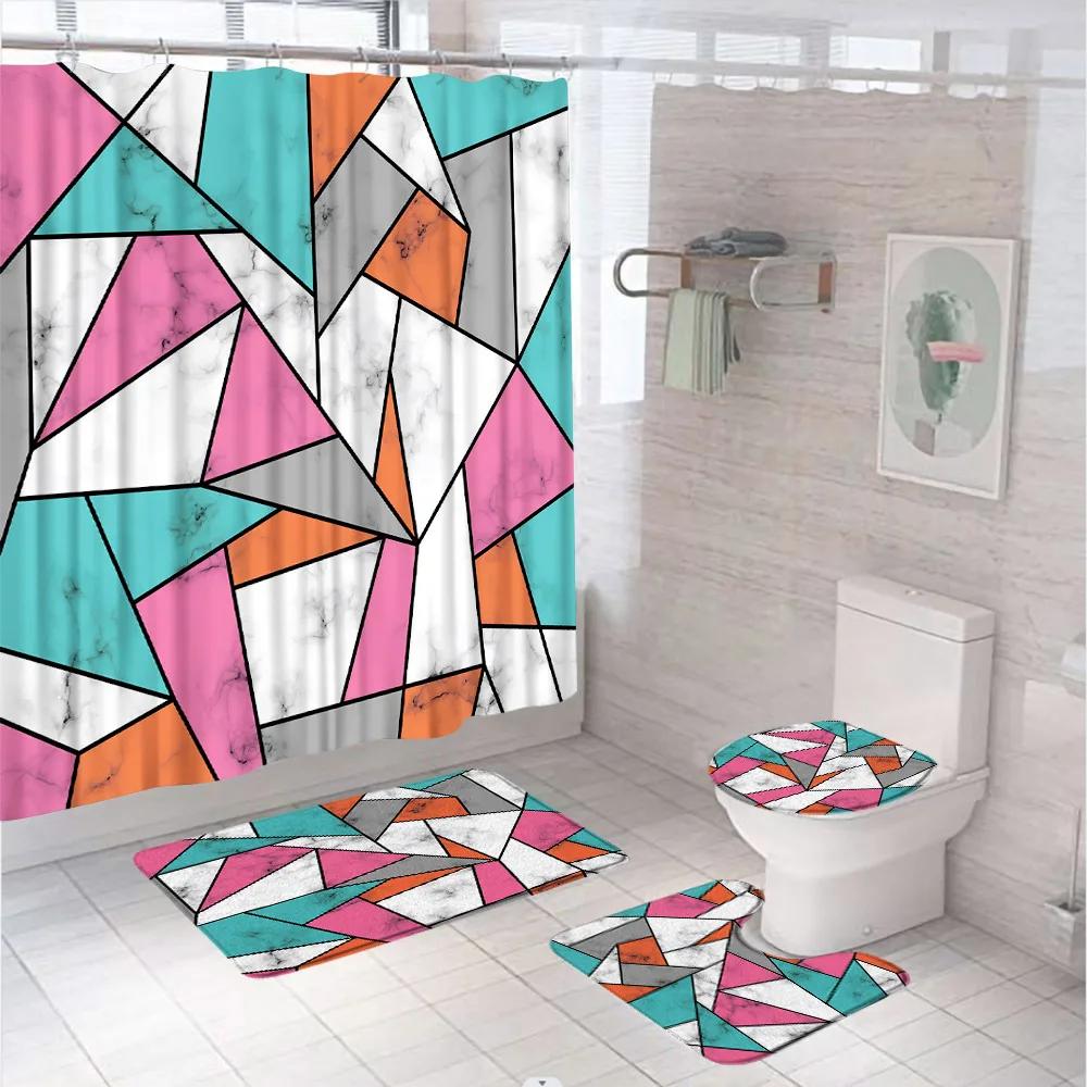 Marbling 3D Shower Curtains Luxury Marble Blue Golden Veins Bath Mats Set Pedestal Rug Toilet Cover Bathroom Curtain With Hooks