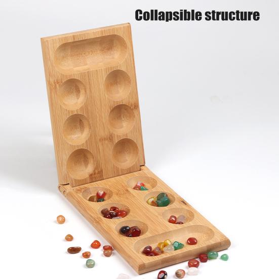 Hra Bamboo Mancala se skládací dřevěnou deskou pro 2 hráče Barevná šachová hračka z přírodního kamene Cestovní děti Dospělí Vzdělávací figurky oblázků Strategická hra