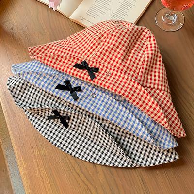 Fashion Plaid Bucket Hat for Women Summer Black Bow Wide Brim Sunshade Dome Basin Cap Girls Travel Outdoor Panama Hat