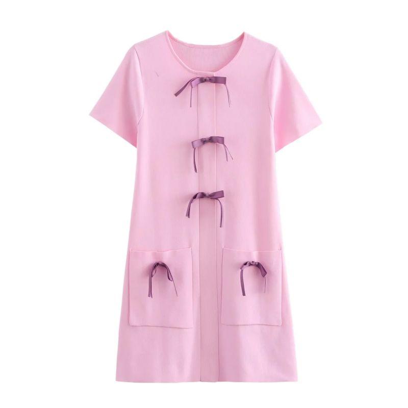 Fashion Style 2024 Fall and Winter New Women's Clothing Bowknot Decoration Knitting Round Neck Short Sleeve Dress 2142210