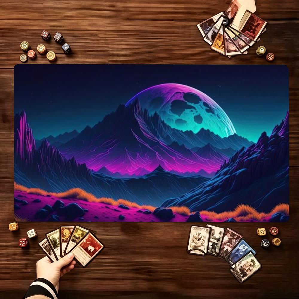 Neon Mountain Forest Moon Landscape Game Play Mat Smooth Thick Rubber Base For Card Tabletop Gaming And Computer Desk Setup