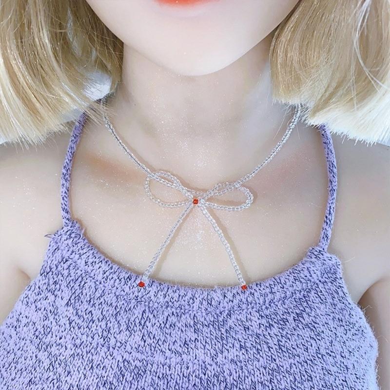 Trendy Bowknot Clavicle Chain Necklace Exquisite Beads Necklace Party Neck Jewelry Glaze Material Gift for Fashion Lover