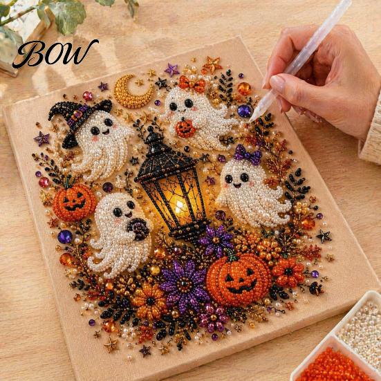 Autumn Atmosphere Wall Decor Halloween Faux Pearl Art DIY Kit, Spooky Cute 3D Beads Painting Crafts, Resin Bead Mosaic Gothic Ghost Pumpkin
