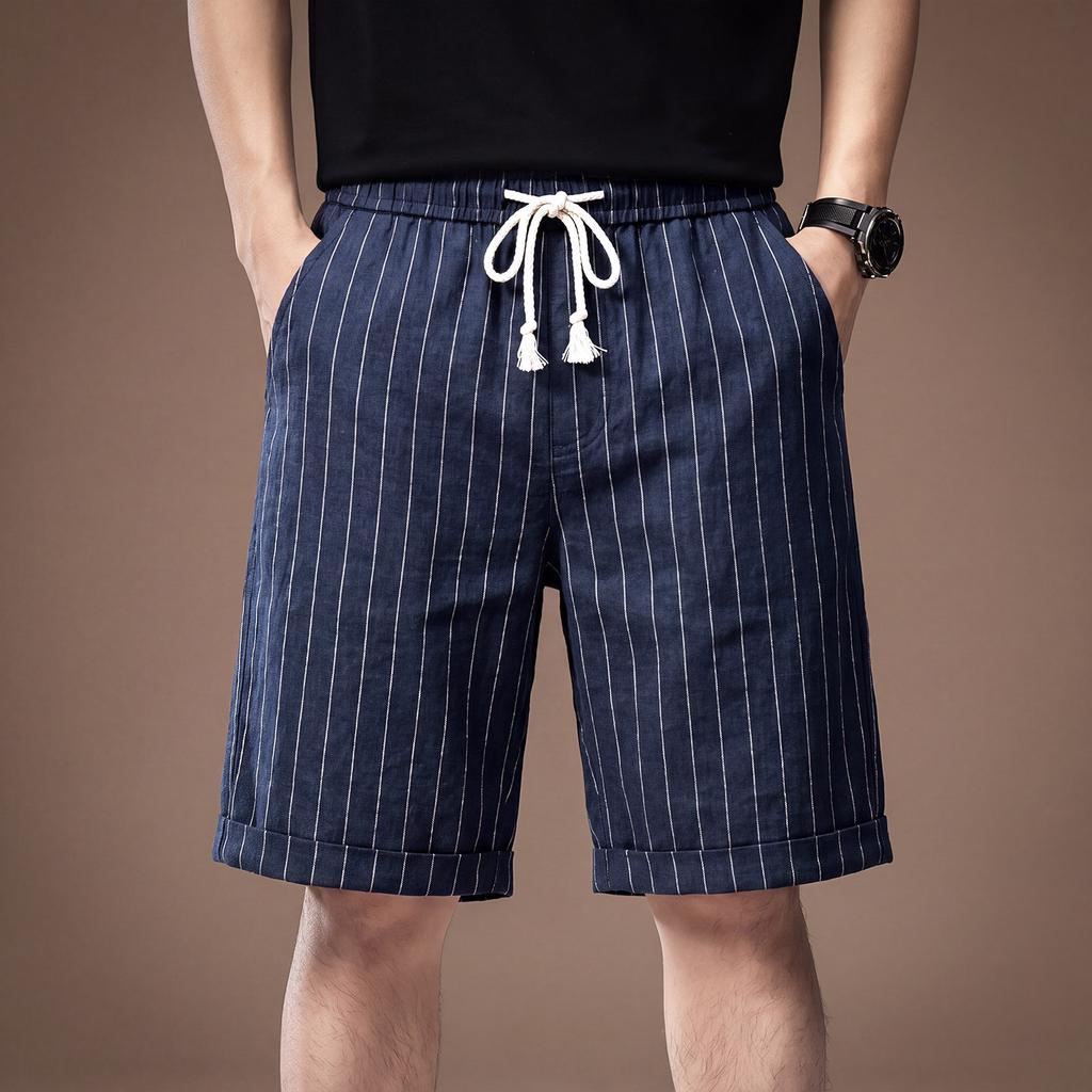 Hochwertige amerikanische Leinen atmungsaktive gestreifte lockere lässige Shorts Herren Sommer dünne Baumwolle und Leinen hautfreundlich trendige Fünf-Punkt-Hosen
