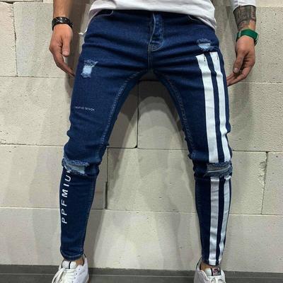 Men's Ripped Elastic Small Feet Jeans Striped Letters Printing Pantalones Jeans Hombre Men's Jean Pants Hip Hop