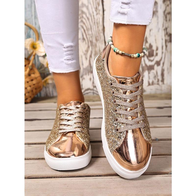 2025 Summer New Arrival Plus Size Sequined Front Lace-Up Solid Color Oversized Sneakers