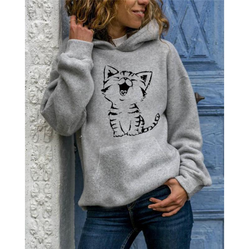 2025 New Solid Color Pullover Sweatshirt Animal Print Round Neck Hooded with Kangaroo Pocket Versatile Casual Women's Tops Coat
