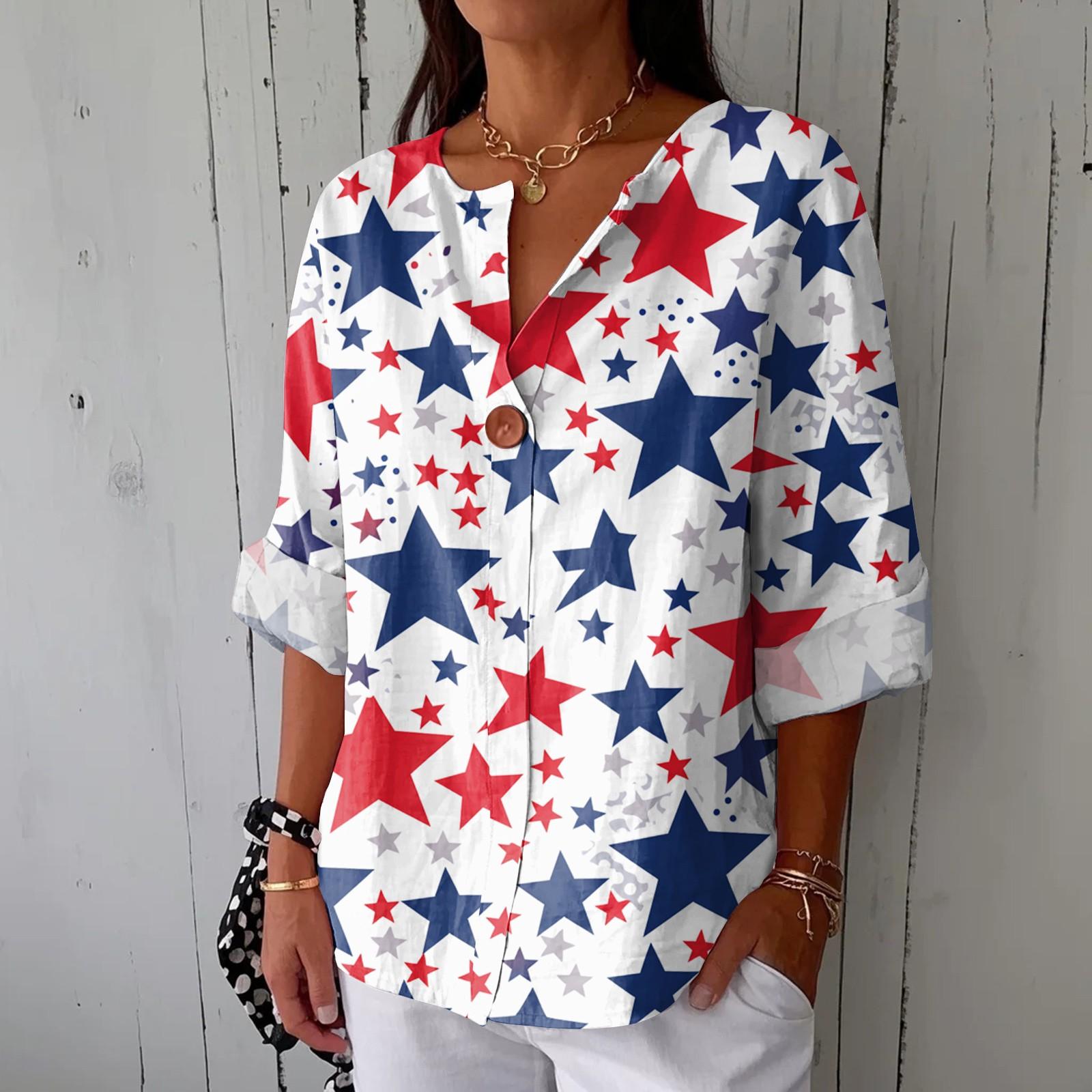 

Women s Fashionable V Neck Button Seven Quarter Sleeve Printed Casual Top XL белый