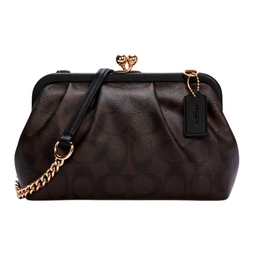 New COACH Kisslock Canvas With Leather Cloud Bag, Chain Bag, Shoulder Bag, Crossbody Bag Women's Dark Brown Monogram C2876-IMAA8