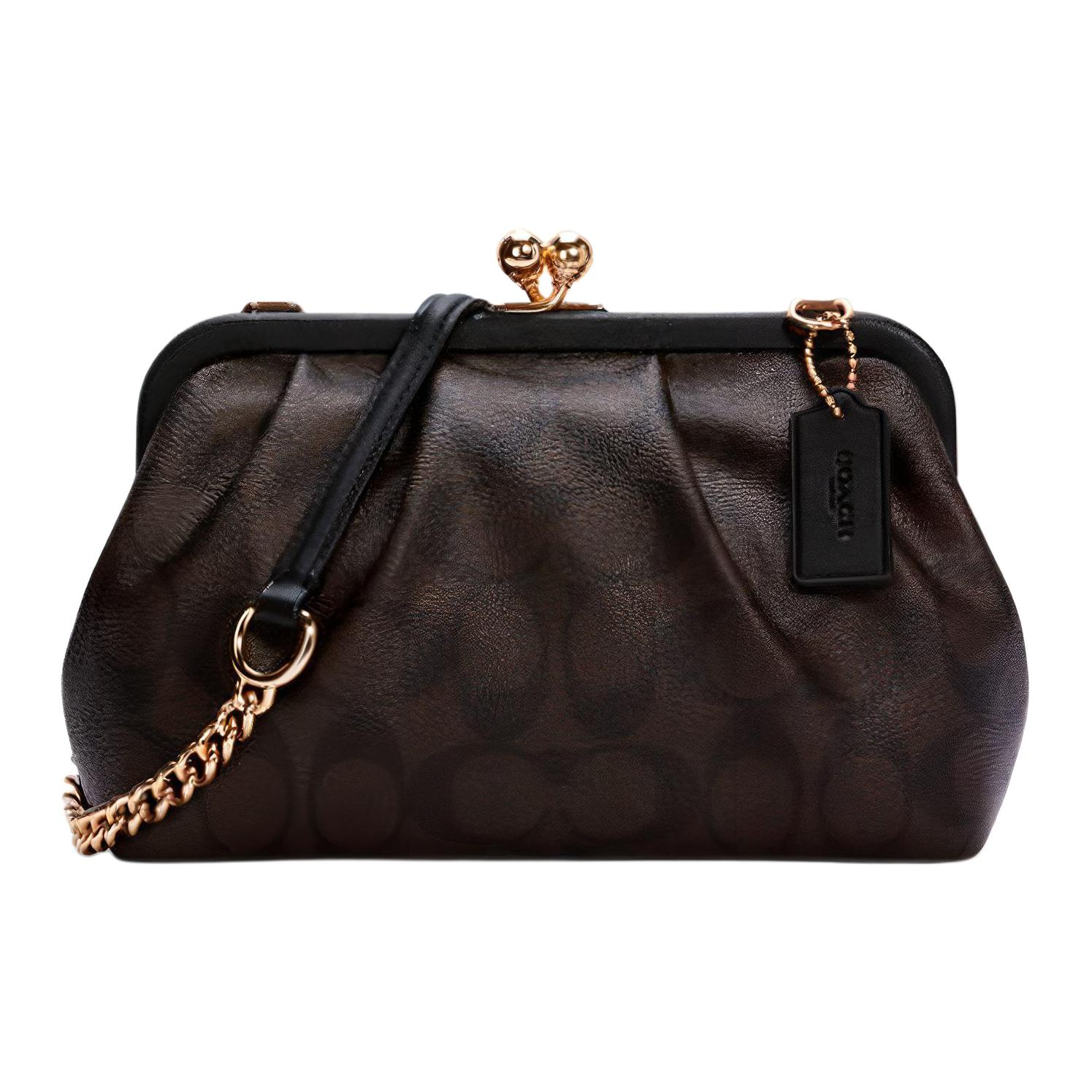 

New COACH Kisslock Canvas With Leather Cloud Bag, Chain Bag, Shoulder Bag, Crossbody Bag Women s Dark Brown Monogram C2876-IMAA8 21.5*7.5*14CM