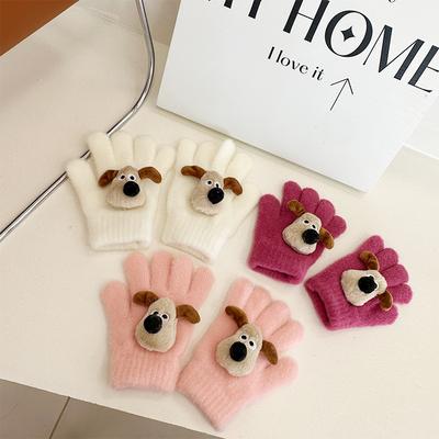 Winter Children's Knitted Wool Gloves Cartoon Puppy Doll Five Finger Gloves for Boys and Girls Warm Finger Gloves