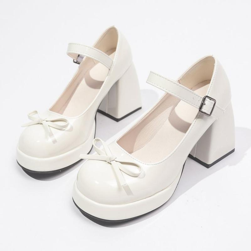 Fashion French Mary Jane High Heels Women Spring New Round Toe Shallow Mouth Temperament Not Tired Feet Bow Platform Single Shoes