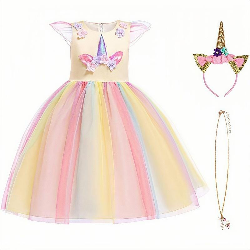 Einhorn Regenbogen Kleid für Mädchen Farbverlauf Tüll Prinzessinnenkleid Macaron Farbe Ärmellos Tüllkleid Kinder Party Kostüm Set