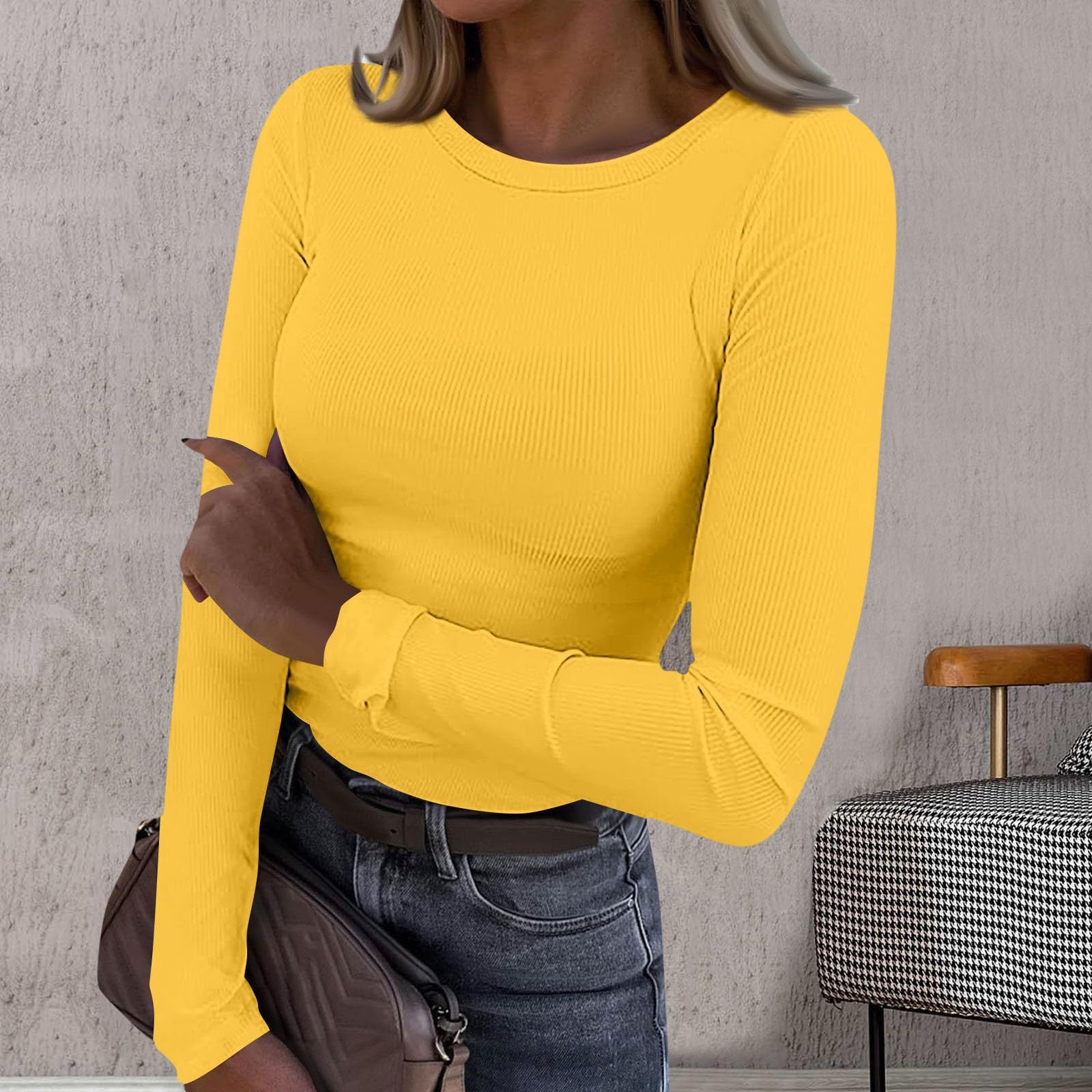 Button Down For Women Long  Sleeve Tops V Neck Collar Blouses Business Casual S жёлтый