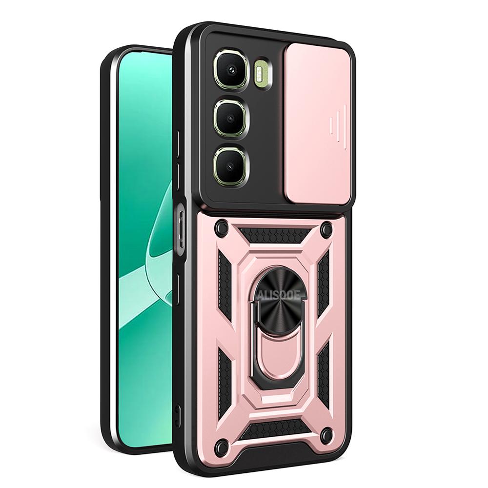 

Держатель брони Чехол для Infinix Hot 60 4G / Hot 60i 4G Чехол Крышка Слайд Защита камеры Кольцо-подставка Ударопрочная Задняя крышка Capa Funda Infinix Hot 60 4G розового золота