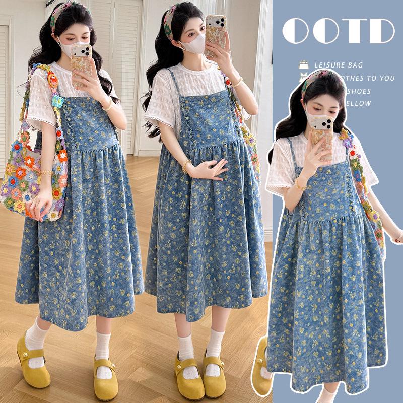 Elegant Summer Maternity Denim Dress: Chic French-Inspired Pregnancy Wear 2XL