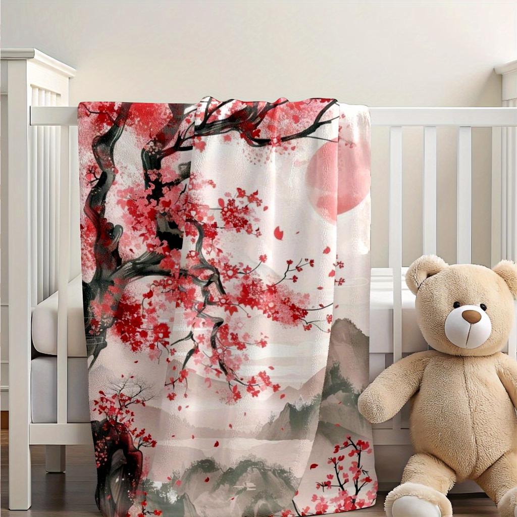 1pc Extra Large Flannel Blanket - Heavyweight All-Season Soft Warm Throw - Cherry Blossom Floral & Mountain Landscape In