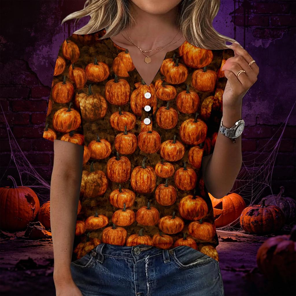 Womens Casual Halloween Print V Neck Short Sleeve Button Decor T Shirt Top Lightweight Comfortable Fit