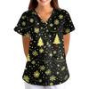 Women's Christmas Print Loose Fit V-Neck Short Sleeve Scrub Top with Pockets for Work