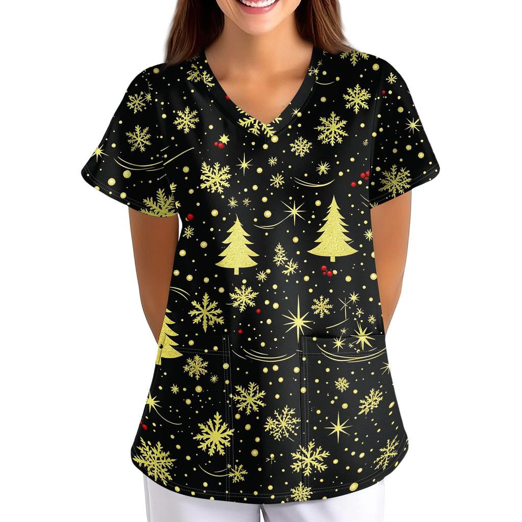 Women's Christmas Print Loose Fit V-Neck Short Sleeve Scrub Top with Pockets for Work