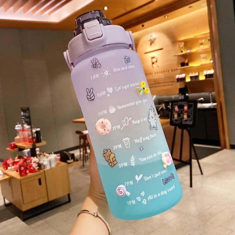 2000ml Super-Capacity Sports Water Bottle With Bounce Cover Time Scale Straw Cup Colorful Portable Outdoor Travel Water Bottle