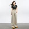 Spring Summer Khaki High Waist Tencel Patchwork Slim Relax Straight Wide Leg Denim Pants For Ladies Casual Pants Oversize Denim Trousers