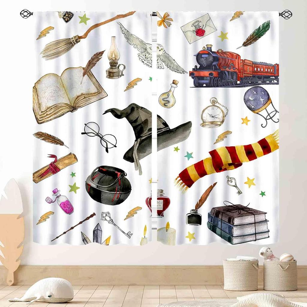 Witchy Curtains Fantasy Magical Bookshelf Mysterious Bookcase Skull Spooky Gothe Window Drapery Treatments Vintage Blackout Made Of Polyester
