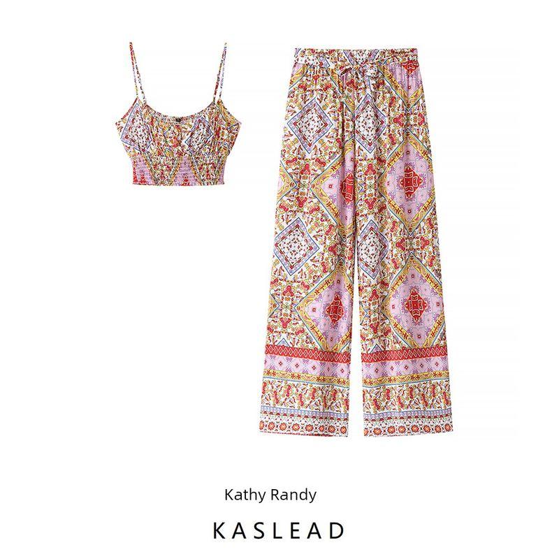 Kaslead New Arrival Women's Clothing Fashion Style Fashion Minimalist Short Top Geometric Print Pants Suit