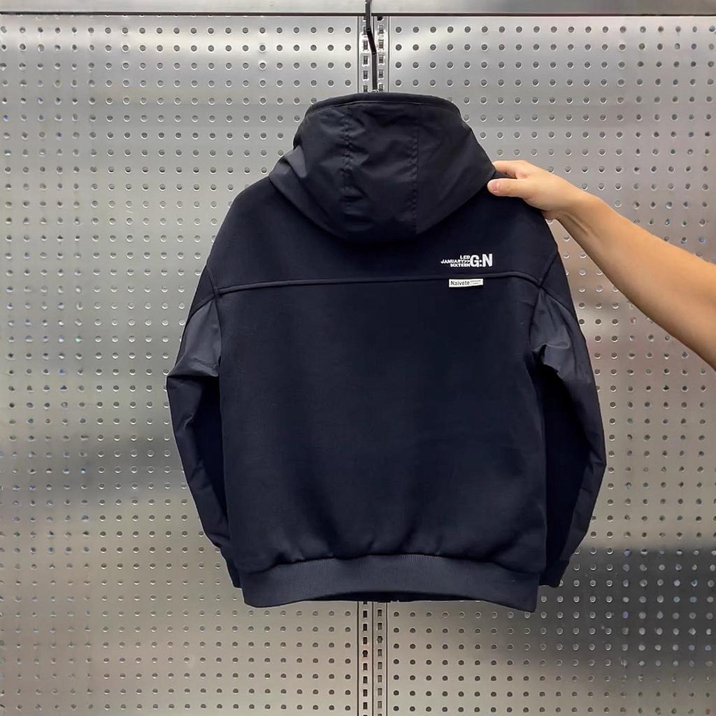 Spring and Autumn New Hooded Jacket Fashion Men's Black Thickened Casual Loose Top Letters