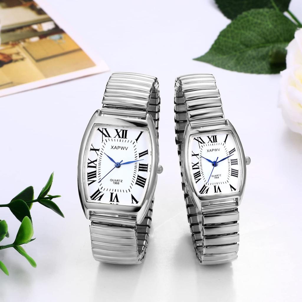 Watch Pair Couple Roman Alphabet Analog Display Square Antique Stylish Elastic Belt Pair Watch Quartz Watch Silver Fashion Accessories Birthday