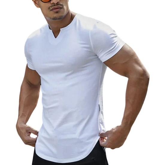 V-Neck Short Sleeve Arc Hem Men T-shirt Summer Solid Color Simple Tee Shirt Streetwear