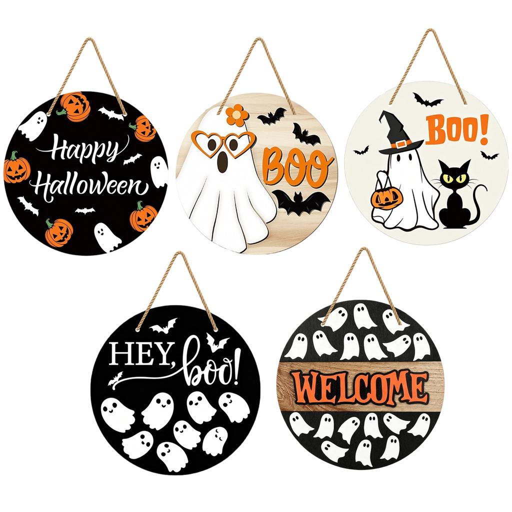 Halloween Wooden Hanging Sign Ghost and Bat Design Round Door Decor with Rope for Seasonal Holiday Decoration Indoor Outdoor Use