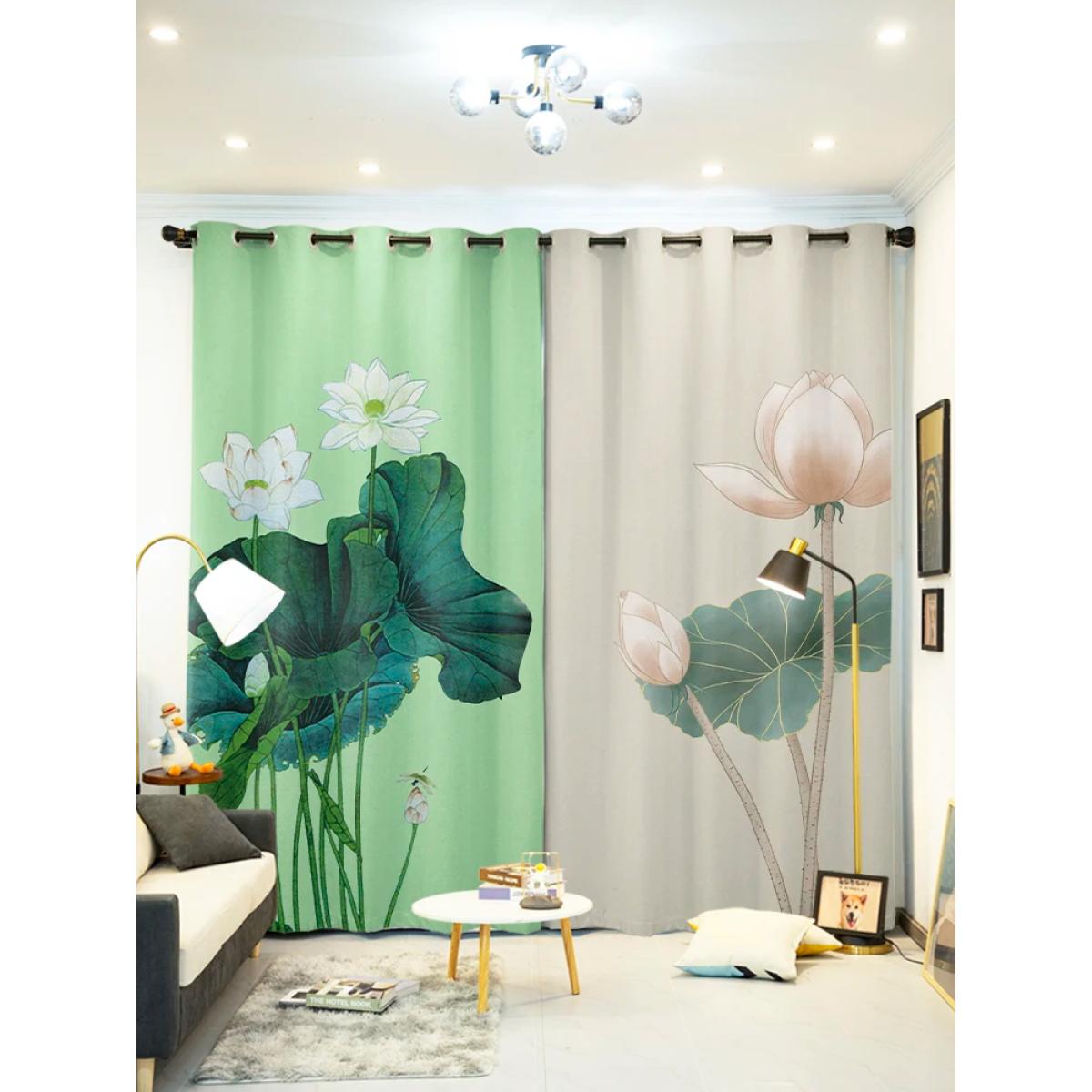 

Китайский лотос от пола до потолка, занавеска с высоким затенением, украшение для спальни, гостиной, затемняющая ткань, драпировка в стиле лотоса W50xH130(CM)x2PCS-Grommet Top