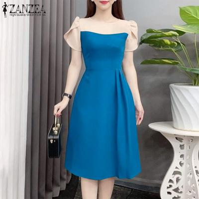 Women Elegant Round Neck Short Sleeve Floral Decorated Waist A-Line Dress