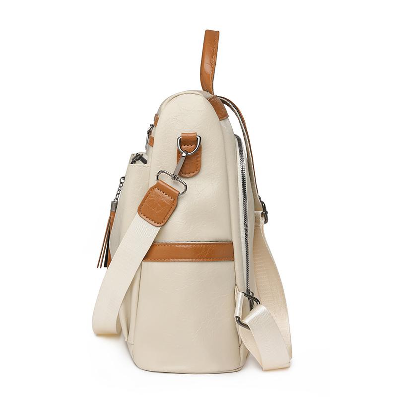 Women's Soft Leather Backpack Color Block Student Schoolbag Tassel Travel Bag