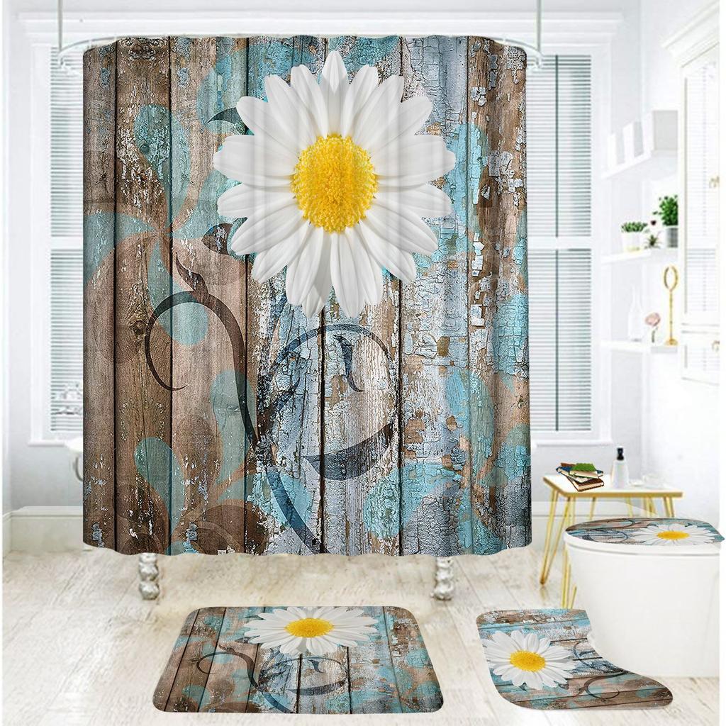 Badezimmer Duschvorhang Vierteilig Digitaldruck Holzmaserung Chrysanthemenpflanze Wasserdichter Duschvorhang Duschvorhang Trennvorhang