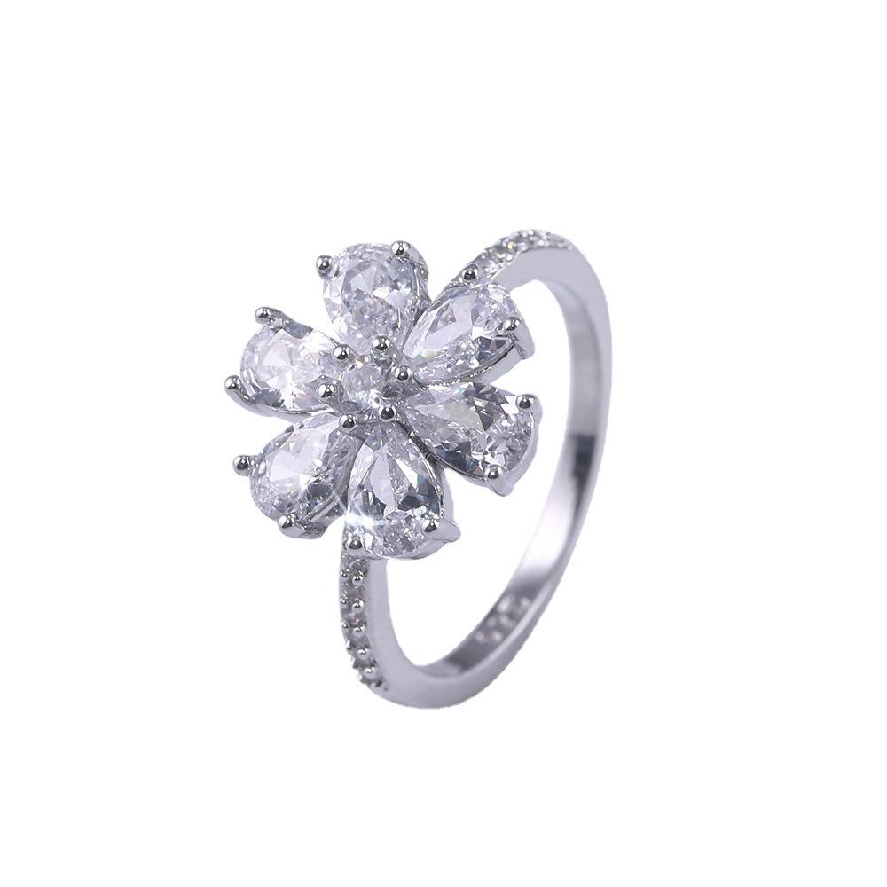 Silver Water Drop Pear-Shaped Flower Snowflake Ring Simple Temperament Flower Ring