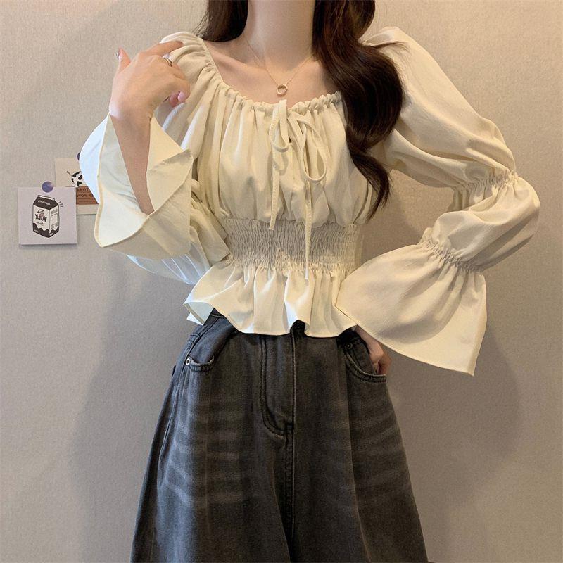 French Puff Sleeve Ruffle Top: Niche Design, Gentle Clavicle Style, Waist-Cinching, Versatile & Elegant