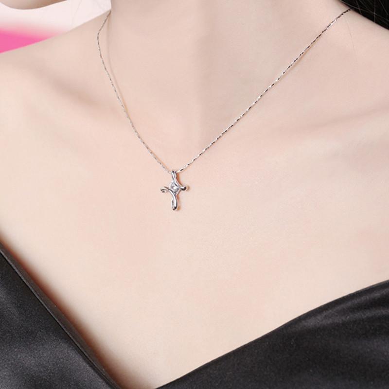 Geometric Silver Cross Pendant Necklace With Zirconia For Romantic Couples